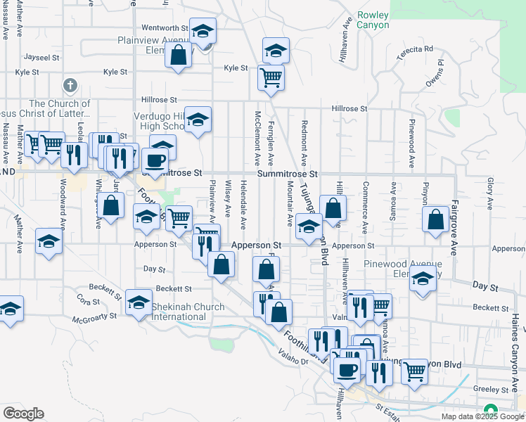 map of restaurants, bars, coffee shops, grocery stores, and more near 10360 McClemont Avenue in Los Angeles