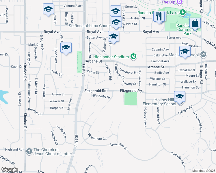 map of restaurants, bars, coffee shops, grocery stores, and more near 1100 Fitzgerald Road in Simi Valley