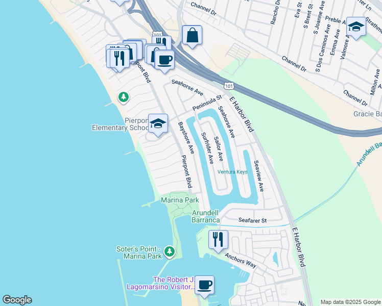 map of restaurants, bars, coffee shops, grocery stores, and more near 2801 Pierpont Boulevard in Ventura