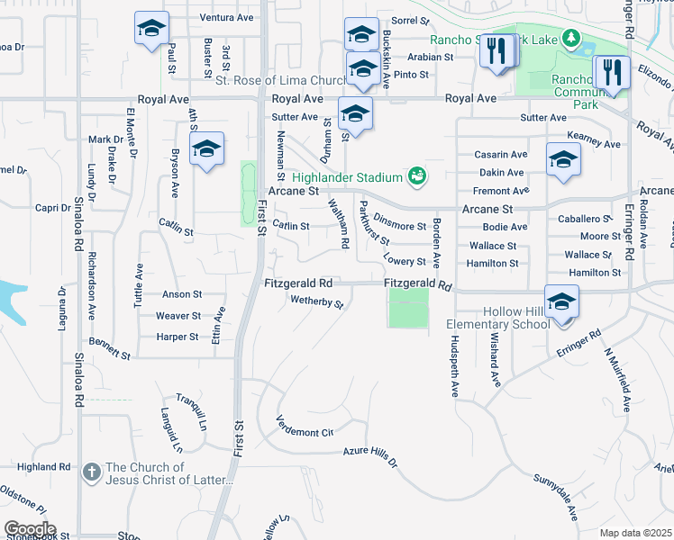 map of restaurants, bars, coffee shops, grocery stores, and more near 1245 Fitzgerald Road in Simi Valley