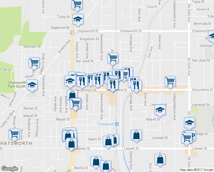 map of restaurants, bars, coffee shops, grocery stores, and more near 21617 Devonshire Street in Los Angeles