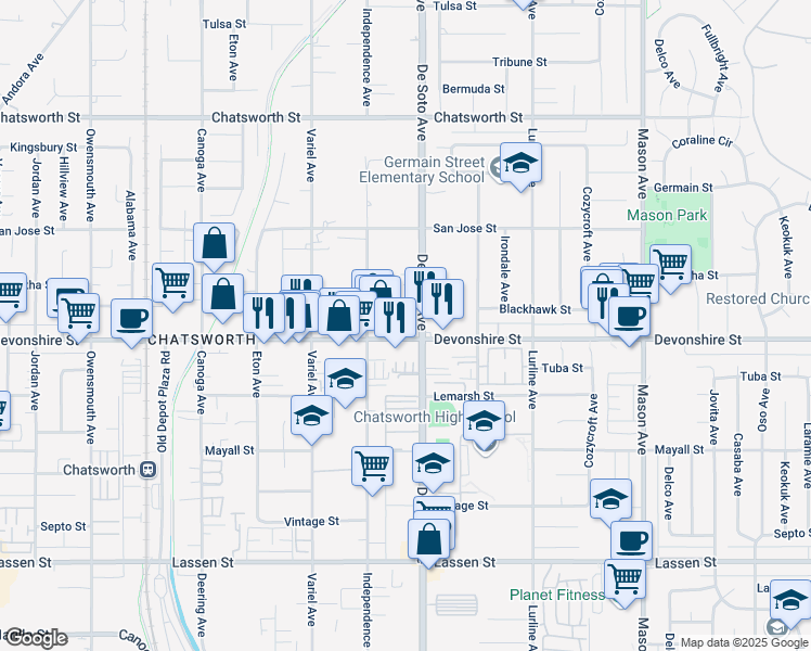 map of restaurants, bars, coffee shops, grocery stores, and more near 20850 Devonshire Street in Los Angeles