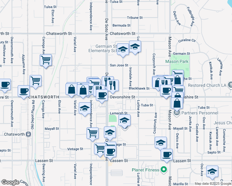 map of restaurants, bars, coffee shops, grocery stores, and more near 20801 Devonshire Street in Los Angeles