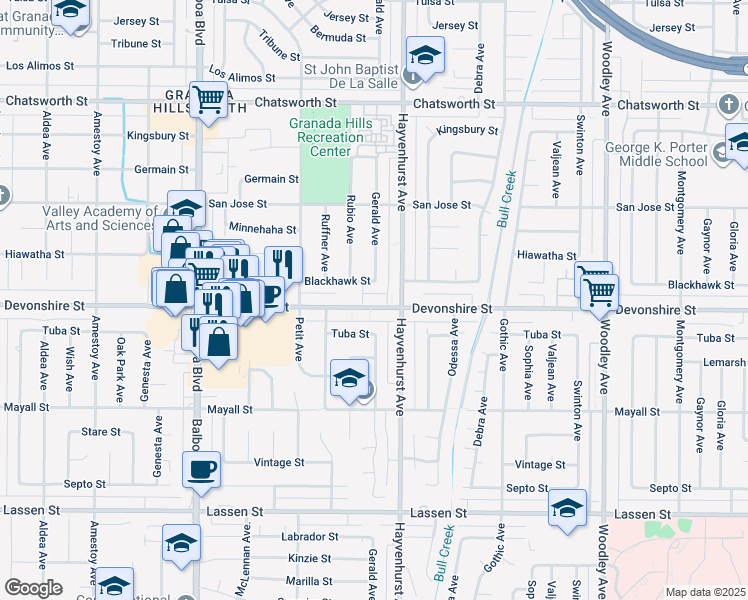 map of restaurants, bars, coffee shops, grocery stores, and more near 16633 Devonshire Street in Los Angeles