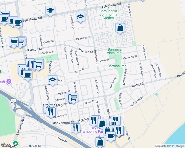 map of restaurants, bars, coffee shops, grocery stores, and more near 2118 Elizabeth Drive in Ventura