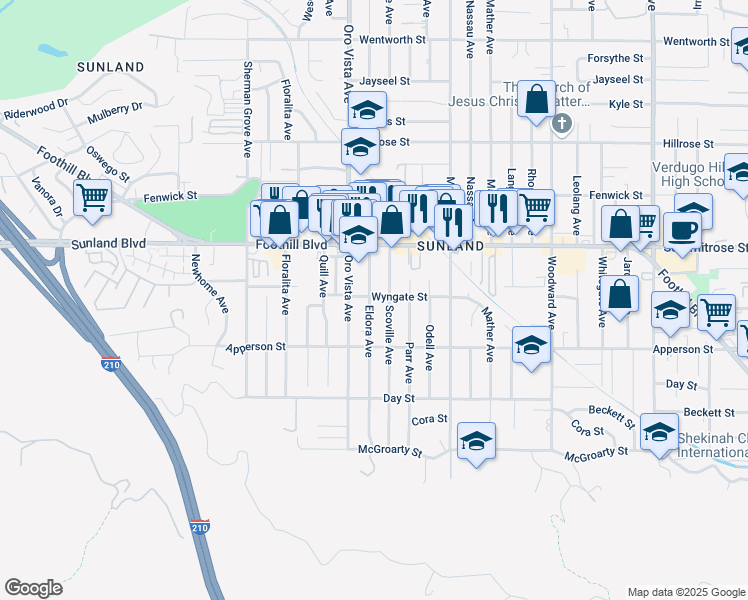 map of restaurants, bars, coffee shops, grocery stores, and more near 10358 Eldora Avenue in Los Angeles