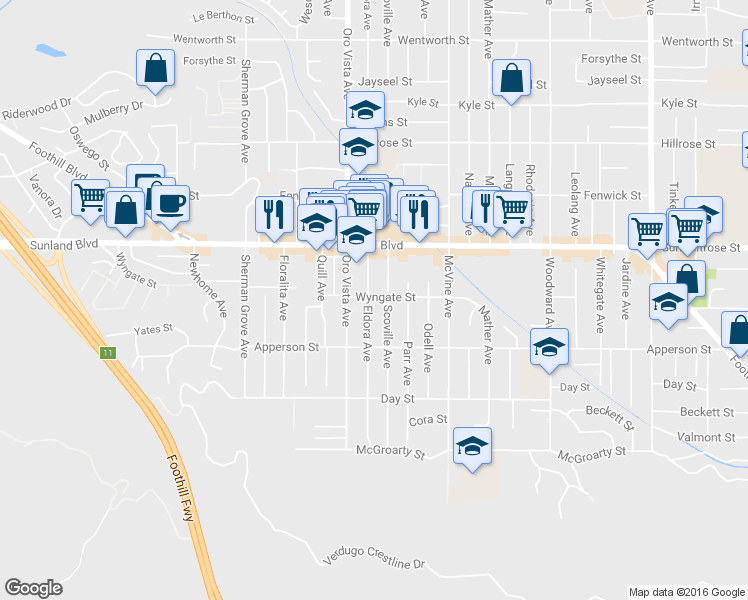 map of restaurants, bars, coffee shops, grocery stores, and more near 10358 Eldora Avenue in Los Angeles