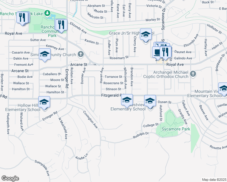 map of restaurants, bars, coffee shops, grocery stores, and more near 2206 Stinson Street in Simi Valley