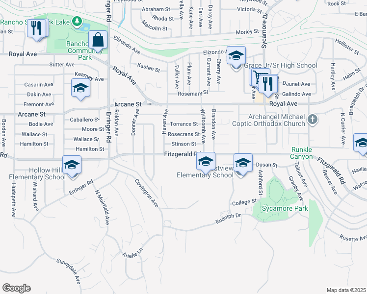 map of restaurants, bars, coffee shops, grocery stores, and more near 2206 Stinson Street in Simi Valley