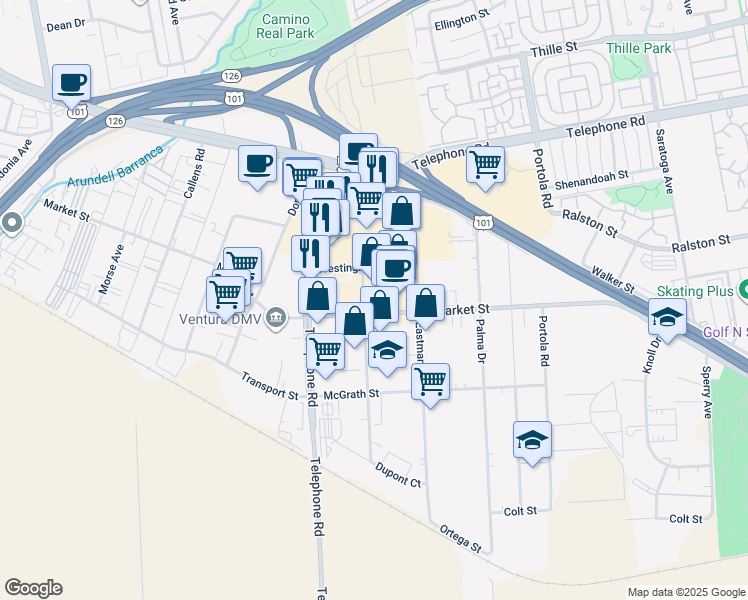 map of restaurants, bars, coffee shops, grocery stores, and more near 1520 Goodyear Avenue in Ventura