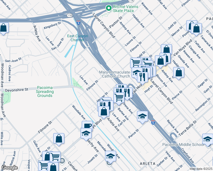 map of restaurants, bars, coffee shops, grocery stores, and more near 10342 Vena Avenue in Los Angeles