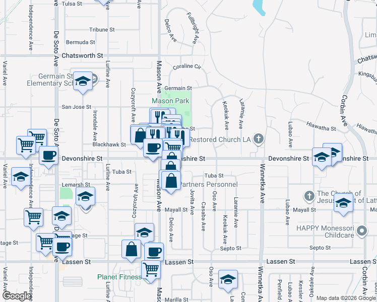 map of restaurants, bars, coffee shops, grocery stores, and more near 10310 Stafford Lane in Los Angeles