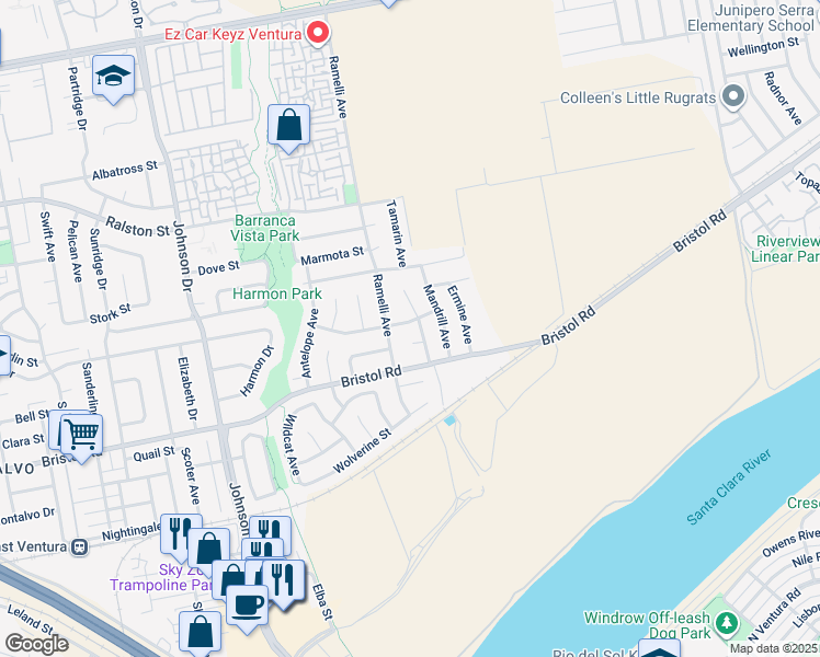 map of restaurants, bars, coffee shops, grocery stores, and more near 7376 Impala Drive in Ventura