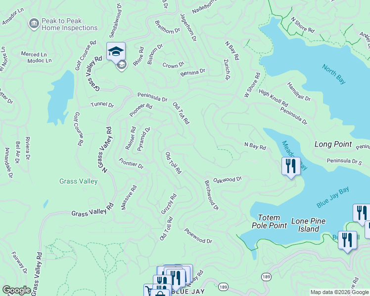 map of restaurants, bars, coffee shops, grocery stores, and more near 588 Pioneer Road in Lake Arrowhead