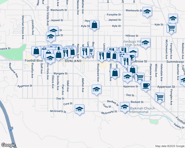 map of restaurants, bars, coffee shops, grocery stores, and more near 8000 Foothill Boulevard in Los Angeles