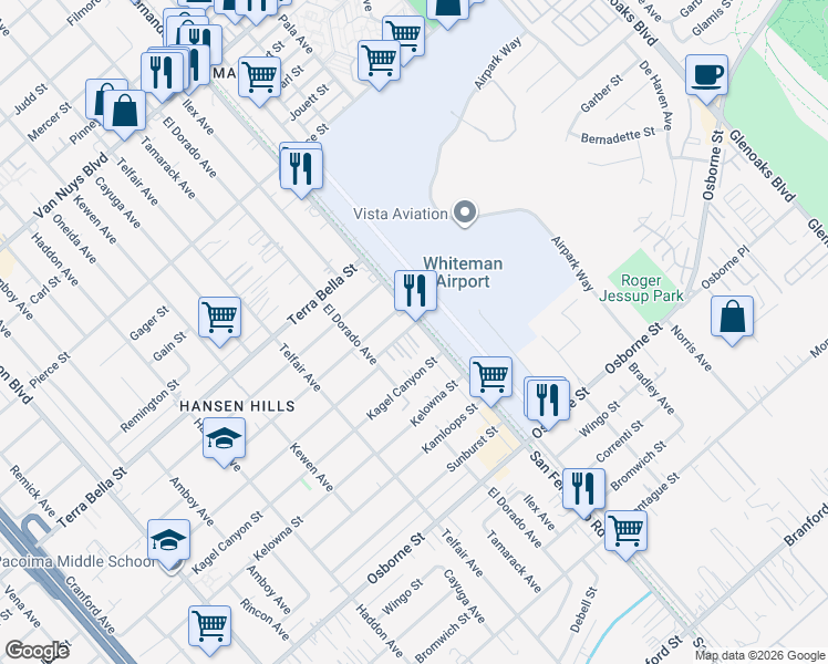 map of restaurants, bars, coffee shops, grocery stores, and more near 10337 San Fernando Road in Los Angeles
