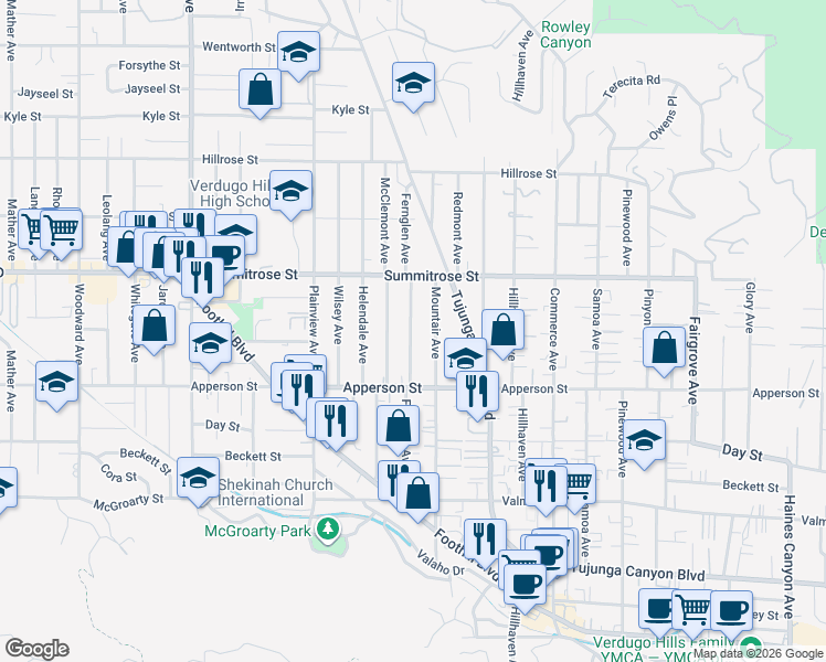 map of restaurants, bars, coffee shops, grocery stores, and more near 10429 Fernglen Avenue in Los Angeles