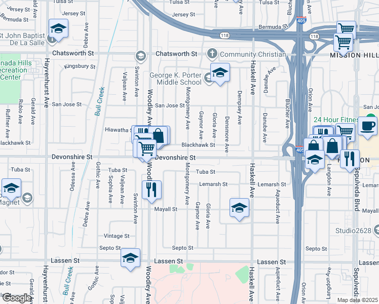 map of restaurants, bars, coffee shops, grocery stores, and more near 16043 Blackhawk Street in Los Angeles