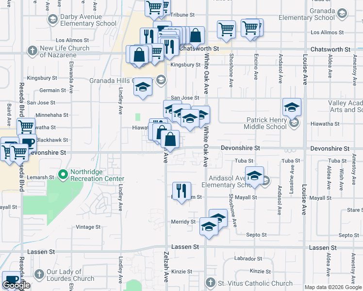 map of restaurants, bars, coffee shops, grocery stores, and more near 10346 Zelzah Avenue in Los Angeles