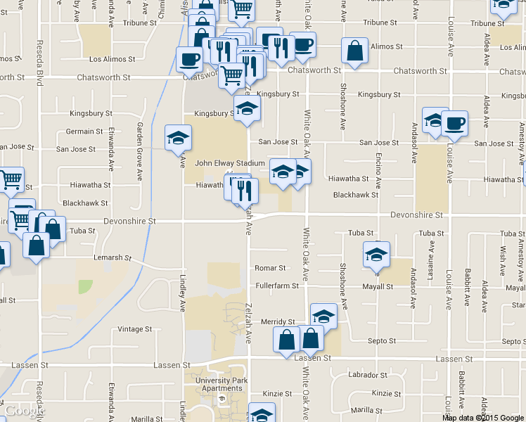 map of restaurants, bars, coffee shops, grocery stores, and more near 10346 Zelzah Avenue in Los Angeles