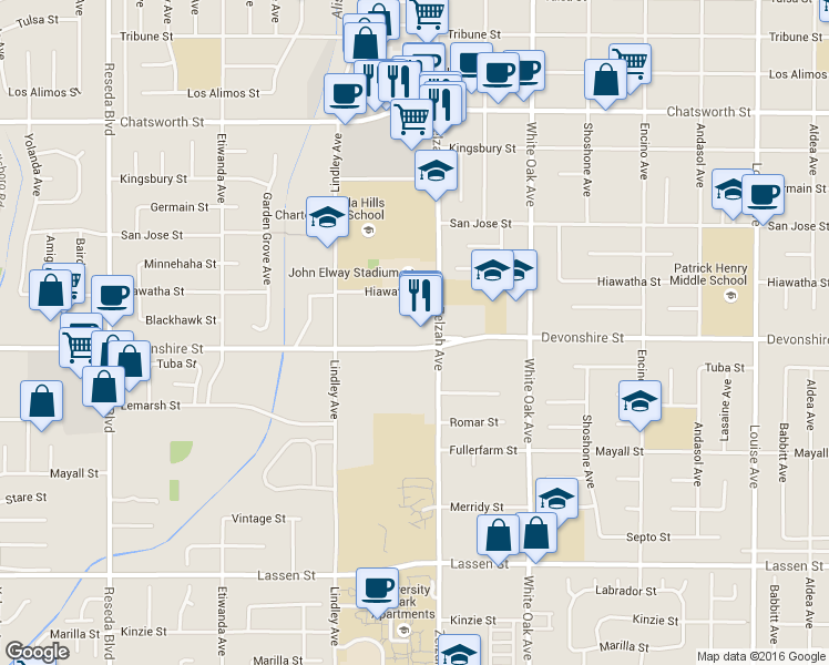 map of restaurants, bars, coffee shops, grocery stores, and more near 10331 Zelzah Avenue in Los Angeles