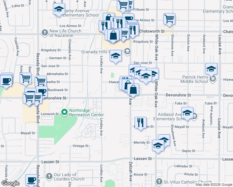map of restaurants, bars, coffee shops, grocery stores, and more near 18012 Hiawatha Street in Los Angeles