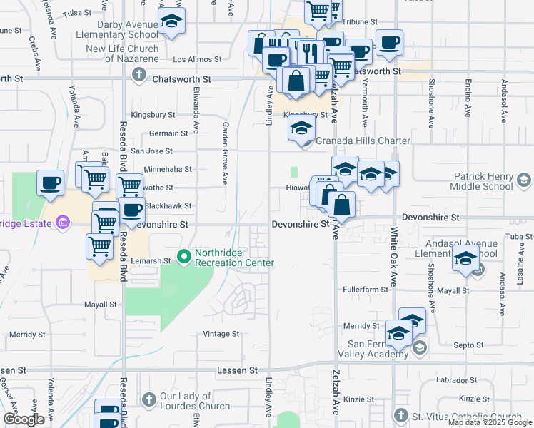 map of restaurants, bars, coffee shops, grocery stores, and more near 10342 Lindley Avenue in Los Angeles