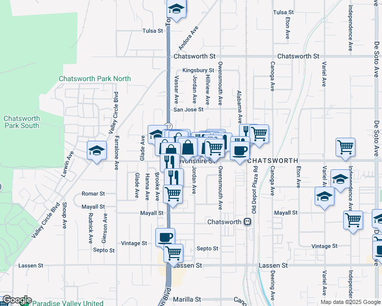 map of restaurants, bars, coffee shops, grocery stores, and more near 10336 Jordan Avenue in Los Angeles