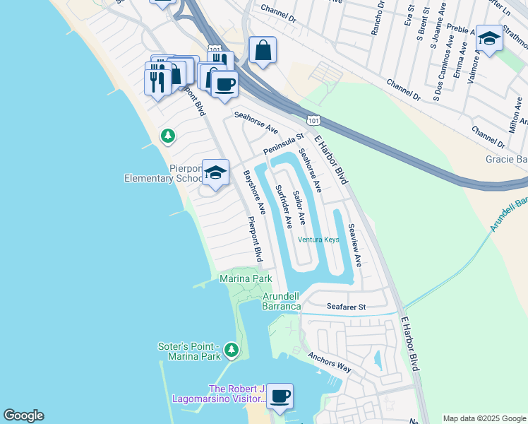 map of restaurants, bars, coffee shops, grocery stores, and more near 2733 Bayshore Avenue in Ventura