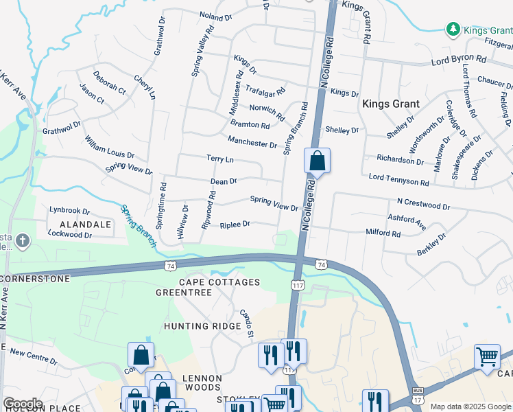 map of restaurants, bars, coffee shops, grocery stores, and more near 4630 Spring View Drive in Wilmington
