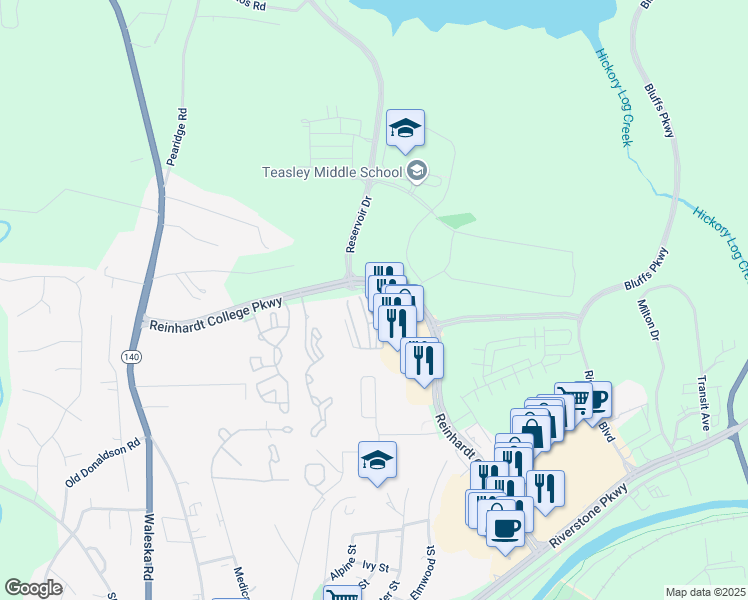 map of restaurants, bars, coffee shops, grocery stores, and more near 113 Riverstone Commons Circle in Canton