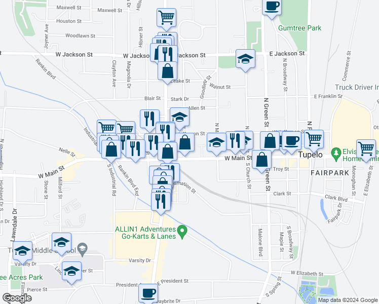 map of restaurants, bars, coffee shops, grocery stores, and more near 103 Clark Place in Tupelo