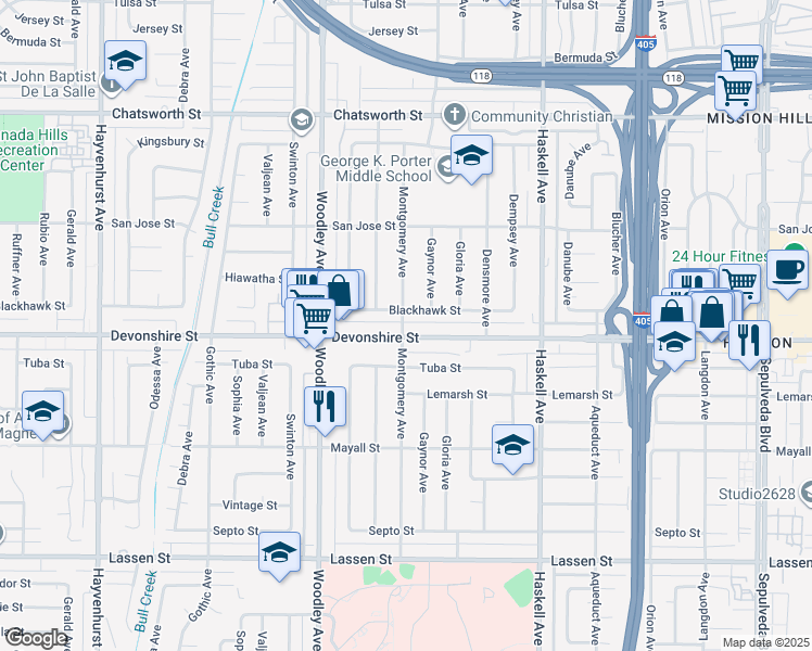 map of restaurants, bars, coffee shops, grocery stores, and more near 16043 Blackhawk Street in Los Angeles