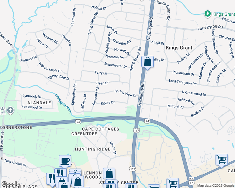 map of restaurants, bars, coffee shops, grocery stores, and more near 4630 Spring View Drive in Wilmington