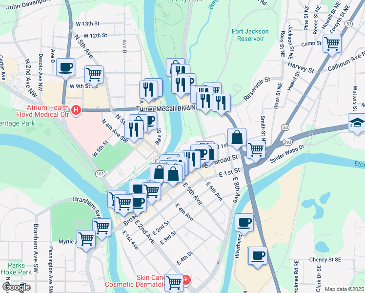 map of restaurants, bars, coffee shops, grocery stores, and more near 630 West 2nd Street in Rome