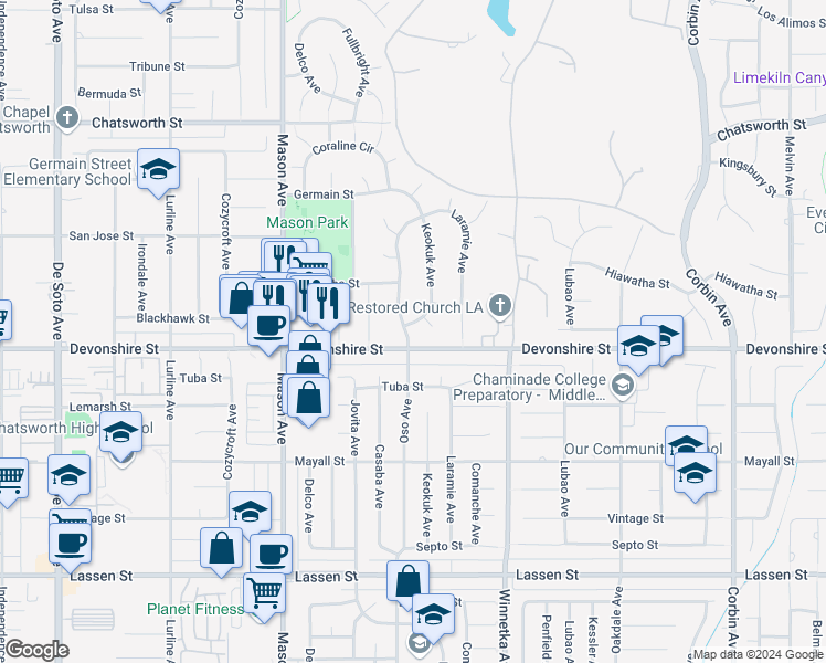 map of restaurants, bars, coffee shops, grocery stores, and more near 10308 Oso Avenue in Los Angeles