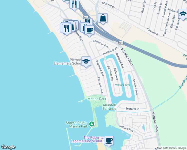 map of restaurants, bars, coffee shops, grocery stores, and more near 1251 Weymouth Lane in Ventura