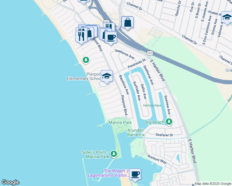 map of restaurants, bars, coffee shops, grocery stores, and more near 1251 Weymouth Lane in Ventura