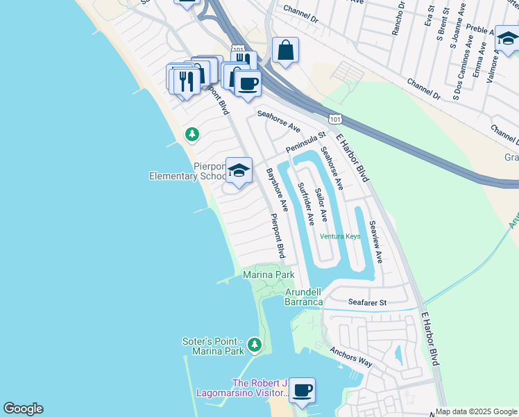 map of restaurants, bars, coffee shops, grocery stores, and more near 1224 Sagamore Lane in Ventura