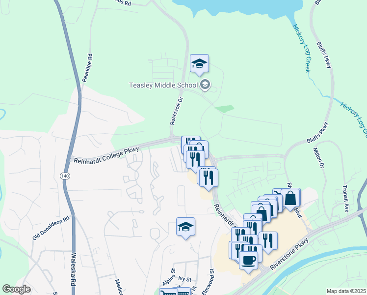 map of restaurants, bars, coffee shops, grocery stores, and more near 163 Reinhardt College Parkway in Canton