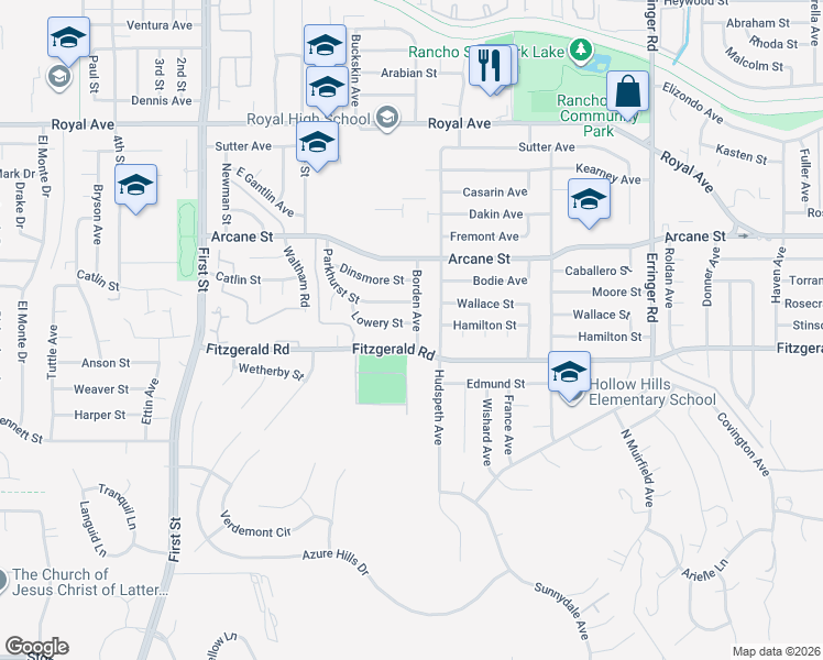 map of restaurants, bars, coffee shops, grocery stores, and more near 1021 Borden Avenue in Simi Valley