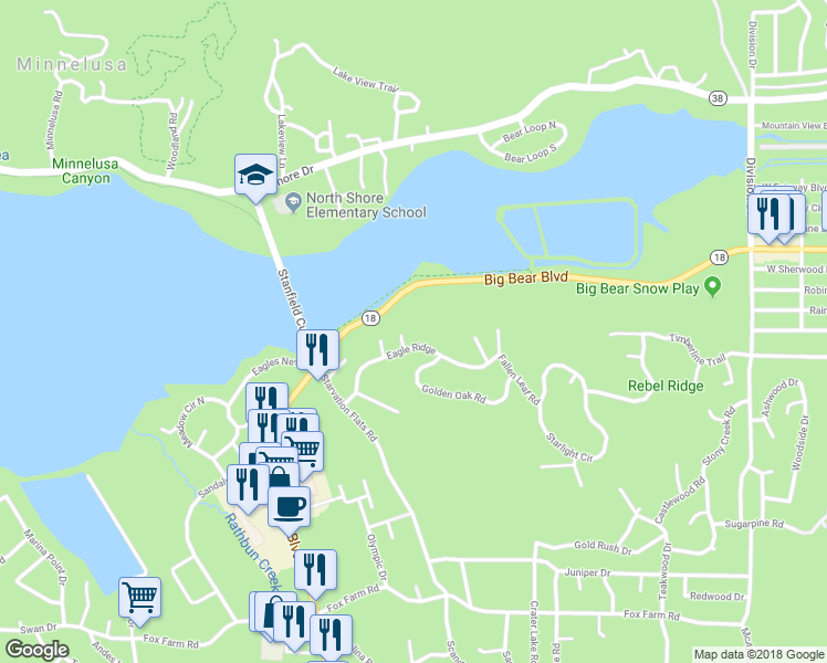 map of restaurants, bars, coffee shops, grocery stores, and more near 463 Windsong Place in Big Bear Lake