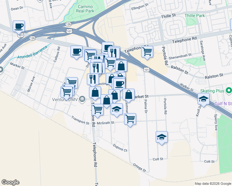 map of restaurants, bars, coffee shops, grocery stores, and more near 1520 Goodyear Avenue in Ventura