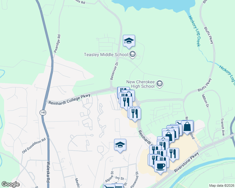 map of restaurants, bars, coffee shops, grocery stores, and more near 111 Riverstone Commons Circle in Canton
