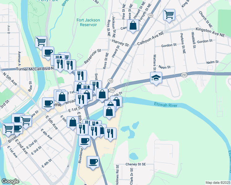 map of restaurants, bars, coffee shops, grocery stores, and more near 935 Spider Webb Drive in Rome