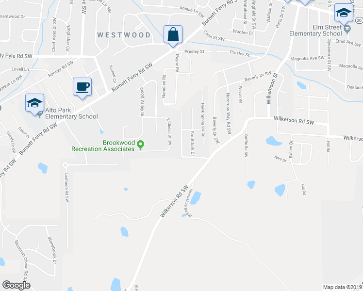 map of restaurants, bars, coffee shops, grocery stores, and more near 20 Walton Creek Drive Southwest in Rome