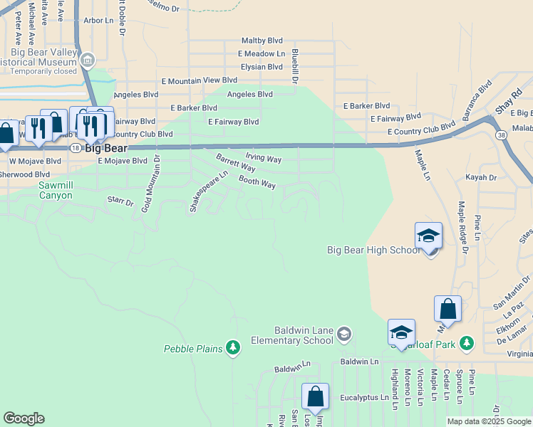 map of restaurants, bars, coffee shops, grocery stores, and more near 532 Wallace Lane in Big Bear