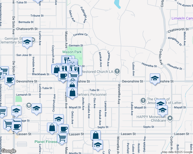map of restaurants, bars, coffee shops, grocery stores, and more near 10308 Oso Avenue in Los Angeles