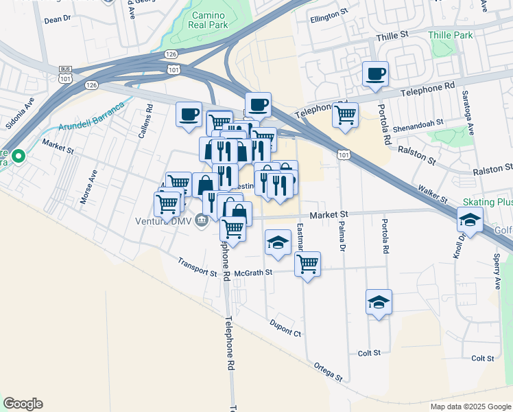 map of restaurants, bars, coffee shops, grocery stores, and more near 4450 Westinghouse Street in Ventura