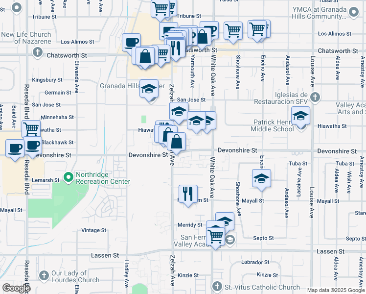 map of restaurants, bars, coffee shops, grocery stores, and more near 17825 Devonshire Street in Los Angeles